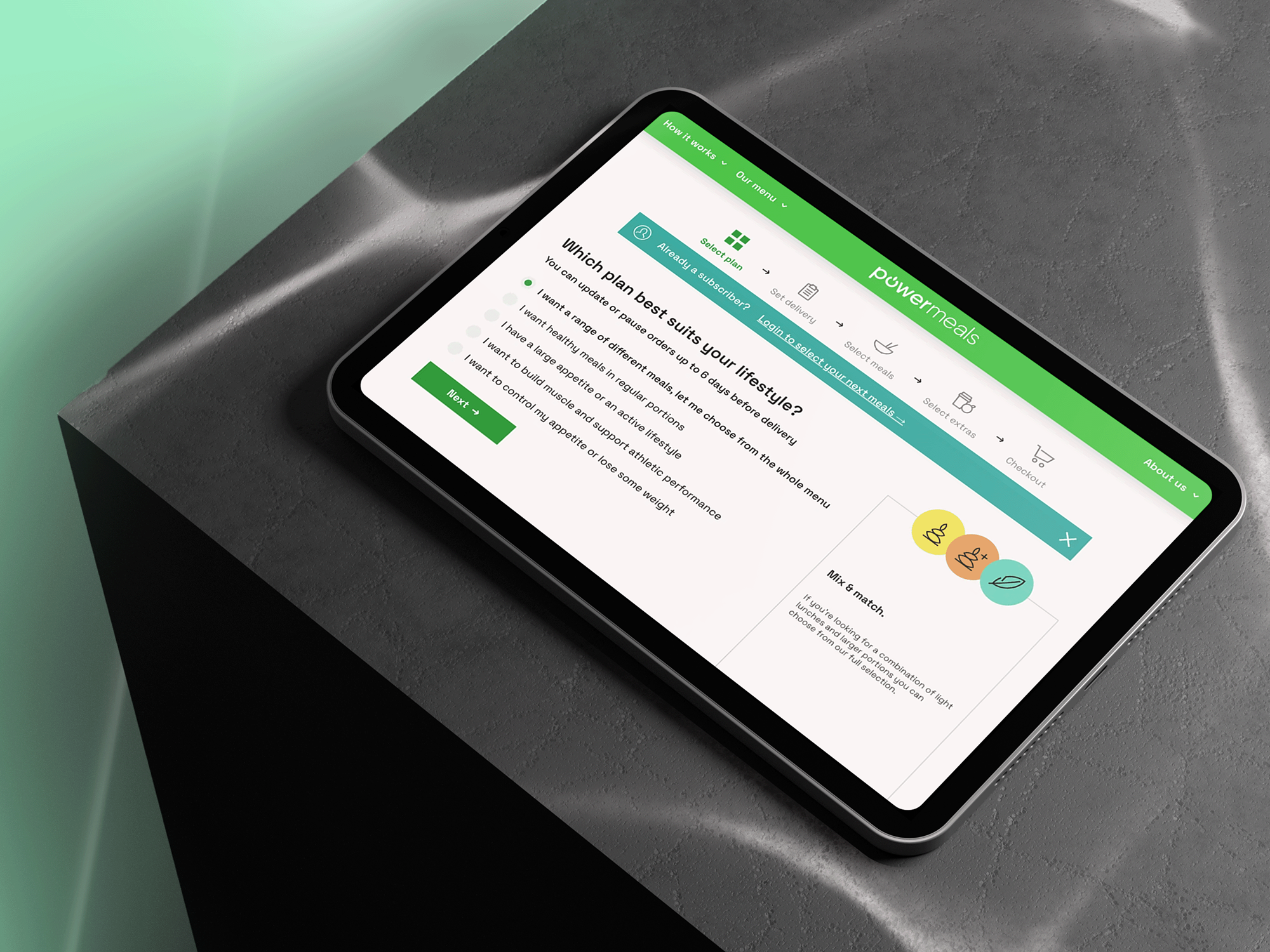 Powermeals app on an ipad.